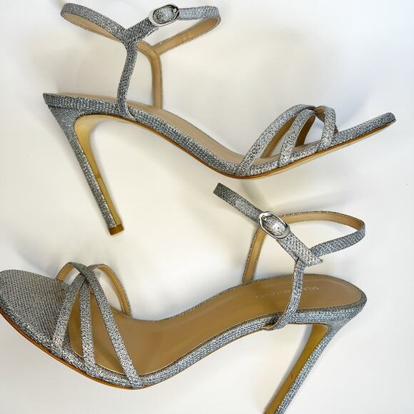 Stuart Weitzman glitter Silver Strappy Heels size 11 Starla 105 Sparkle Sandal - Picture 1 of 5